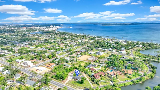 drone / aerial view featuring a water view