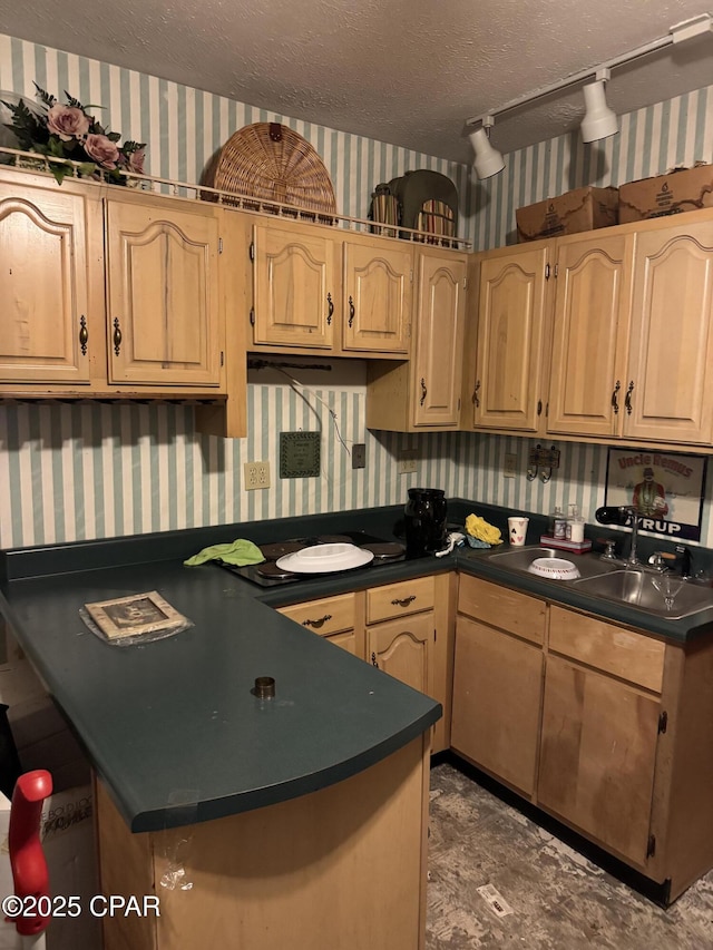 kitchen featuring kitchen peninsula, a textured ceiling, and light brown cabinets