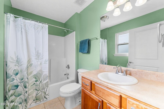 full bath with visible vents, toilet, shower / bath combo, vanity, and tile patterned floors