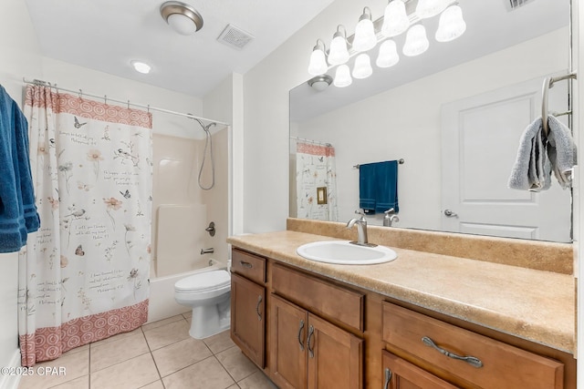 bathroom featuring tile patterned flooring, toilet, vanity, visible vents, and shower / bath combination with curtain