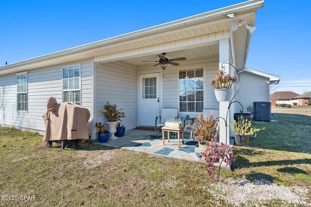 back of house featuring ceiling fan, a yard, and a patio area