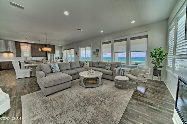 living room featuring dark wood-type flooring