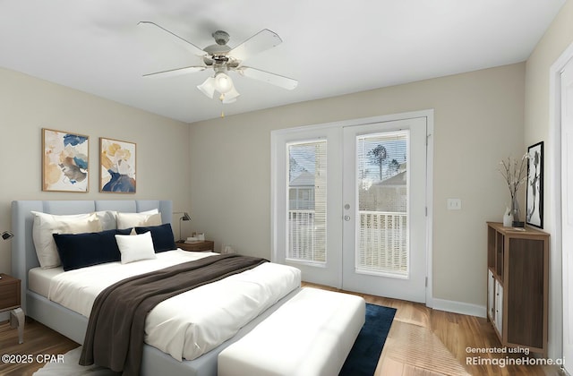 bedroom with light hardwood / wood-style flooring, access to outside, ceiling fan, and french doors