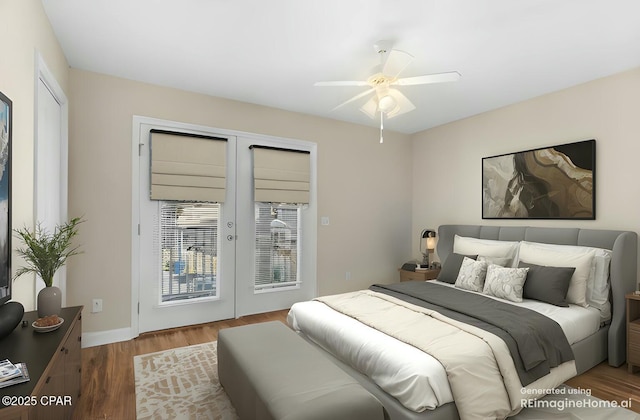 bedroom with french doors, ceiling fan, access to exterior, and hardwood / wood-style floors