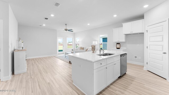 kitchen with visible vents, open floor plan, white cabinetry, a sink, and dishwasher