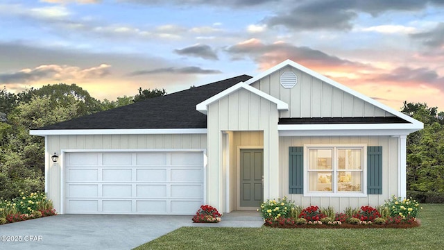 view of front of house with concrete driveway, an attached garage, board and batten siding, and a shingled roof