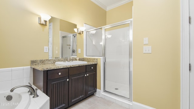 full bath featuring a stall shower, ornamental molding, tile patterned flooring, vanity, and a bath