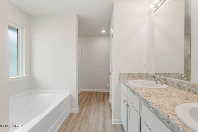 bathroom featuring vanity, hardwood / wood-style flooring, a tub, and toilet