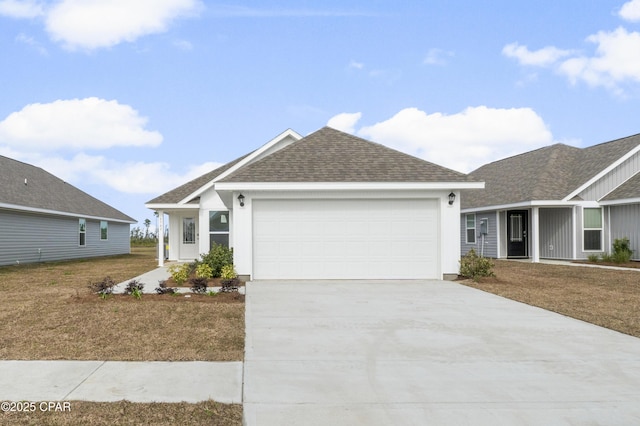 single story home with a garage and a front yard