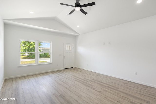 unfurnished living room featuring recessed lighting, wood finished floors, a ceiling fan, and baseboards