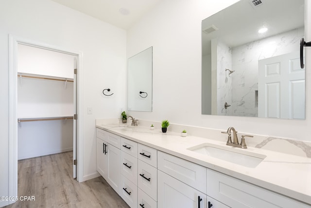bathroom with a spacious closet, a marble finish shower, and a sink