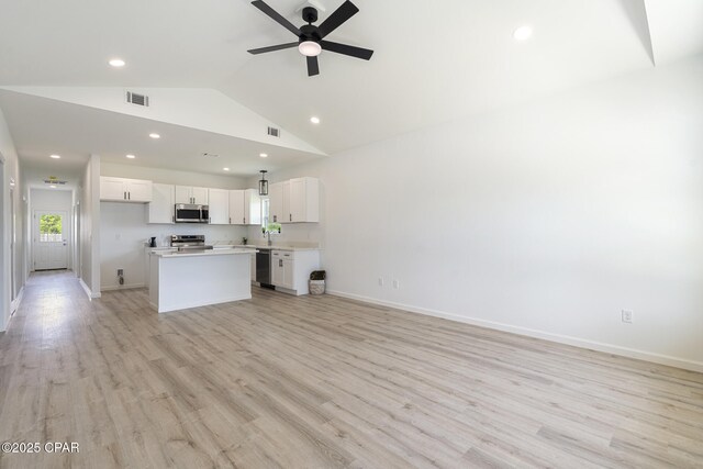 unfurnished living room with light wood-style flooring, visible vents, recessed lighting, and ceiling fan