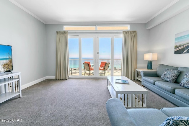 9860 S Thomas Dr Unit 2013, Panama City, FL 32408 - carpeted living area with ornamental molding, baseboards, a water view, and french doors