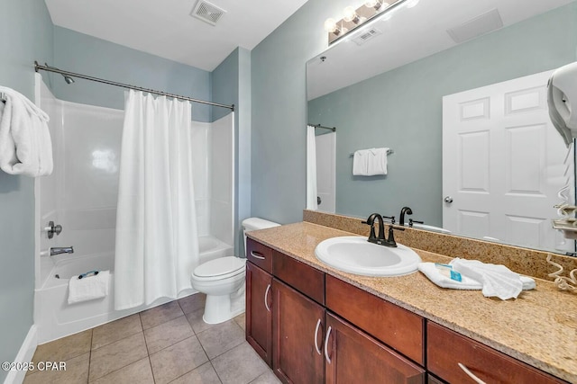 full bath with visible vents, shower / tub combo with curtain, toilet, and tile patterned flooring