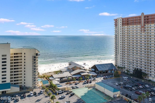 bird's eye view with a beach view and a water view
