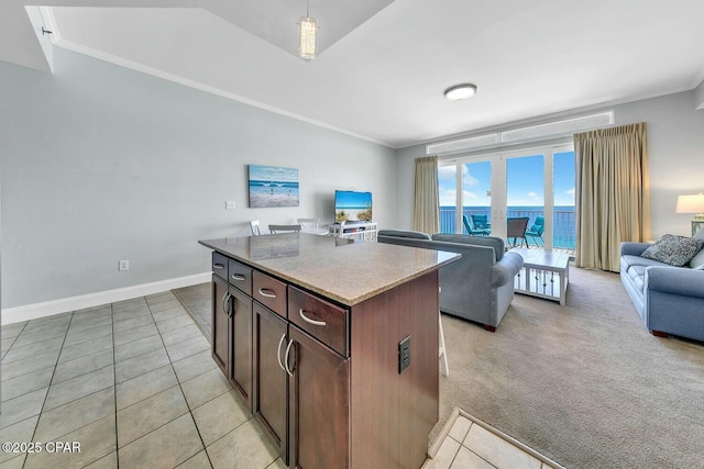 kitchen featuring ornamental molding, open floor plan, a center island, baseboards, and dark brown cabinets