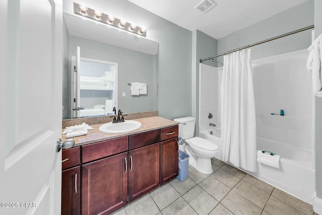 full bath featuring visible vents, shower / bathtub combination with curtain, toilet, tile patterned flooring, and vanity