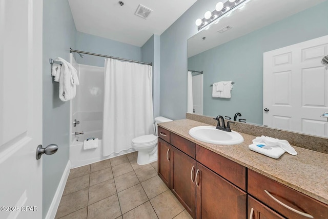 full bath with tile patterned flooring, visible vents, toilet, shower / bath combination with curtain, and vanity