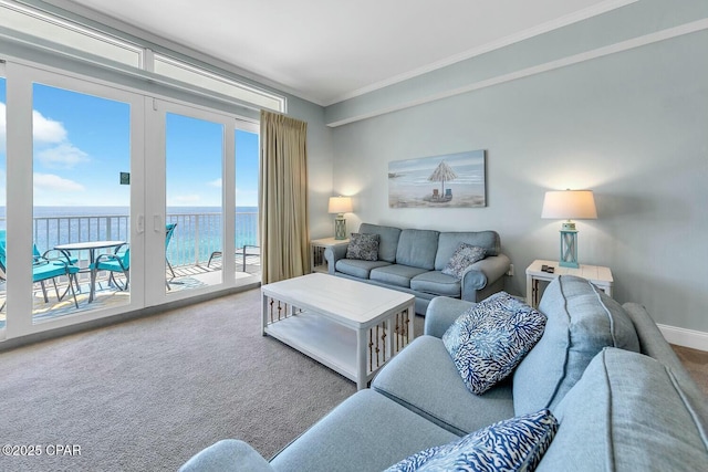 carpeted living area with ornamental molding, a water view, and baseboards