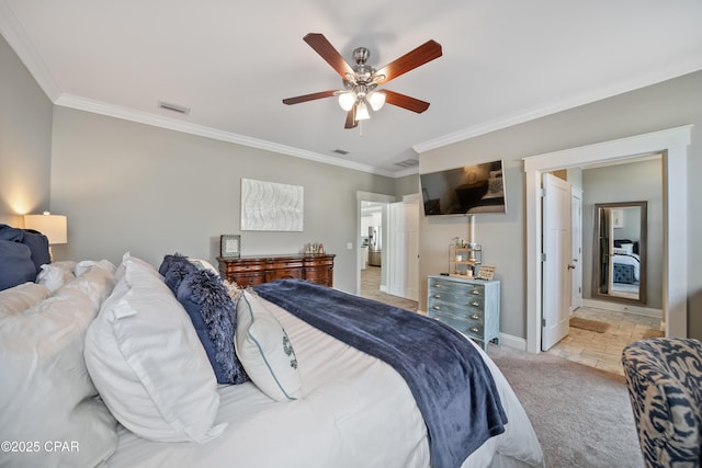 carpeted bedroom featuring crown molding and ceiling fan