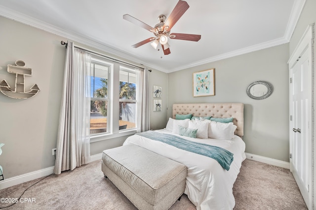 bedroom with light carpet, ornamental molding, and ceiling fan