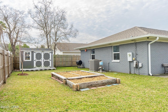 exterior space featuring central AC and a storage shed