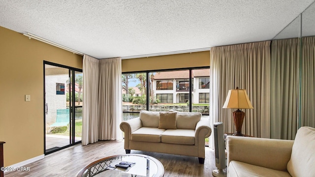living area featuring a textured ceiling, baseboards, and wood finished floors