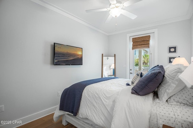 bedroom with crown molding, ceiling fan, access to exterior, and hardwood / wood-style flooring