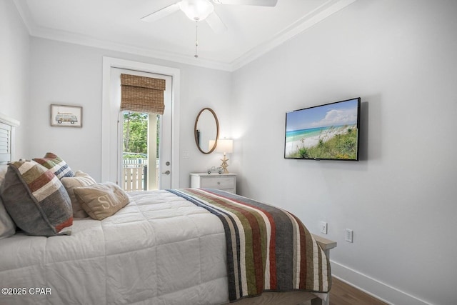 bedroom featuring hardwood / wood-style flooring, ceiling fan, ornamental molding, and access to outside