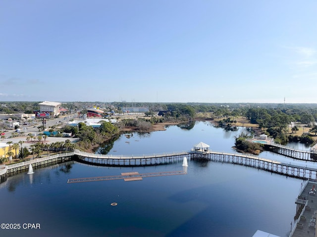 drone / aerial view featuring a water view