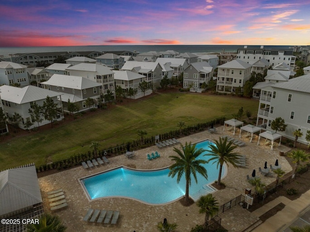 view of aerial view at dusk