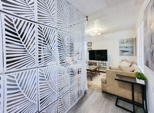 living area featuring ornamental molding and wood finished floors