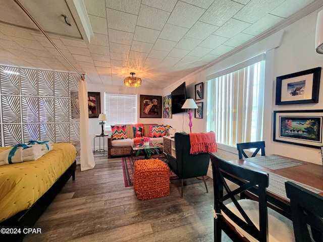 living area featuring ornamental molding and wood finished floors