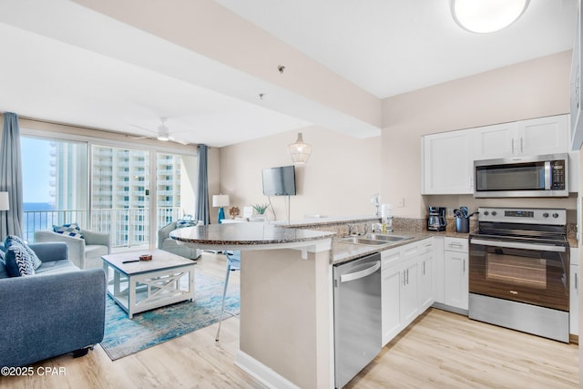 kitchen featuring light stone counters, appliances with stainless steel finishes, open floor plan, a peninsula, and a sink