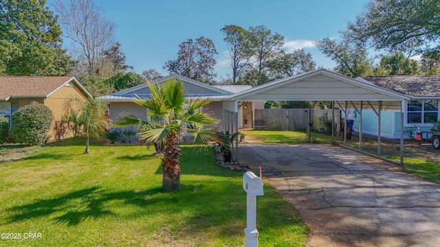 ranch-style home with a front yard and a carport