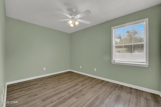 empty room with ceiling fan and light hardwood / wood-style flooring