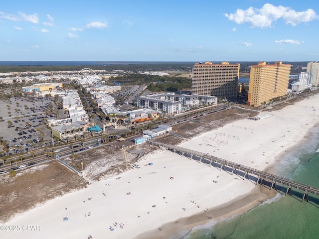 aerial view with a view of the beach and a water view