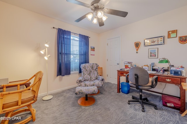 office space with carpet floors and ceiling fan