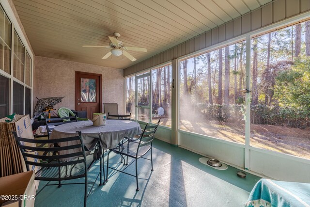 sunroom / solarium with wooden ceiling and ceiling fan