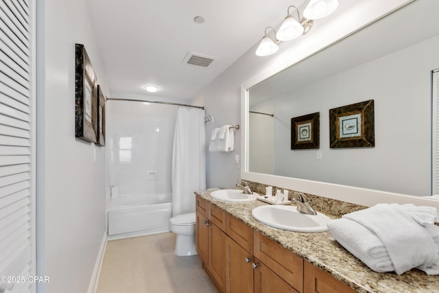 full bathroom featuring tile patterned flooring, vanity, shower / bath combination with curtain, and toilet