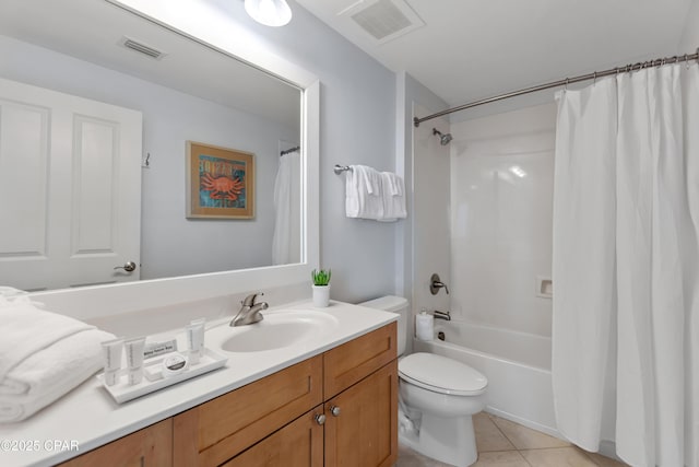 full bathroom with vanity, shower / tub combo with curtain, tile patterned floors, and toilet