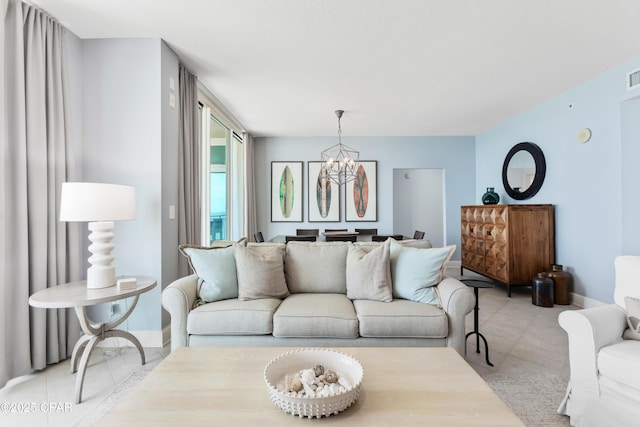 living room featuring an inviting chandelier