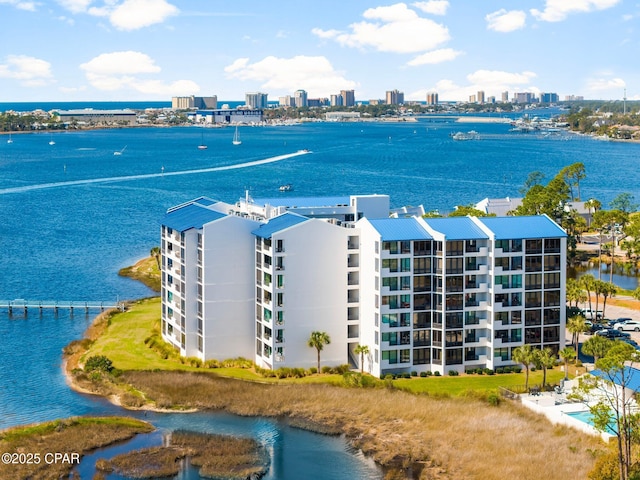 aerial view with a view of city and a water view