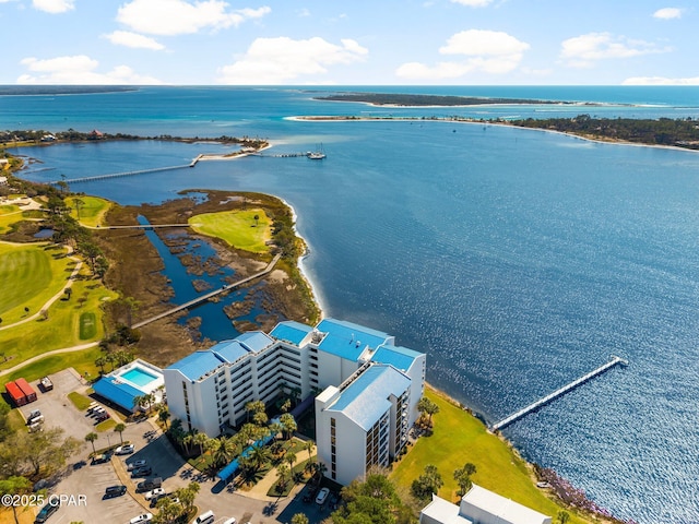 drone / aerial view with a water view