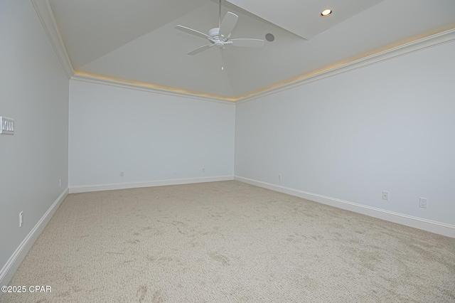 unfurnished room with vaulted ceiling, ceiling fan, and carpet flooring