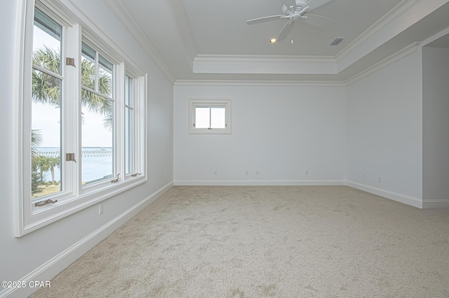 empty room with light carpet, a tray ceiling, ornamental molding, and ceiling fan