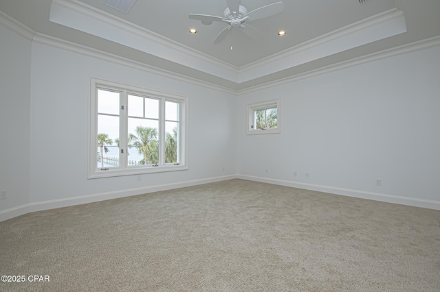 empty room featuring crown molding, carpet flooring, and a tray ceiling