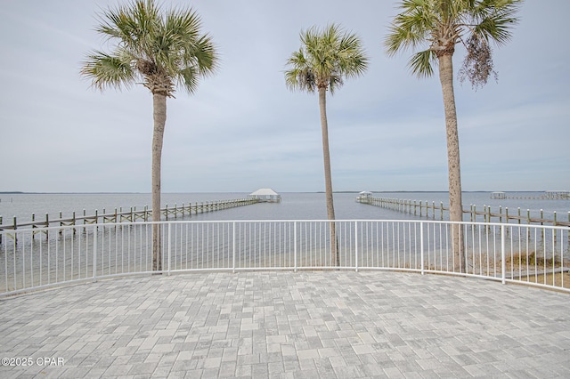 view of patio / terrace with a water view