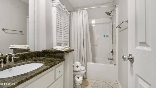 full bathroom with vanity, shower / tub combo, tile patterned floors, and toilet