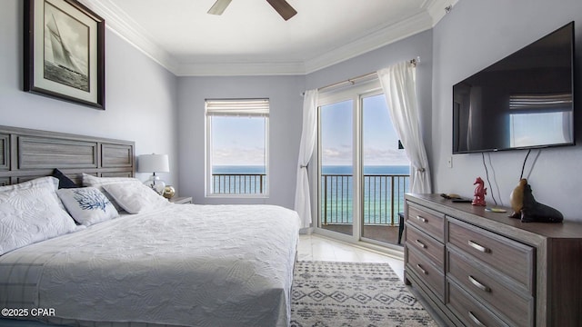 bedroom with crown molding, ceiling fan, and access to outside